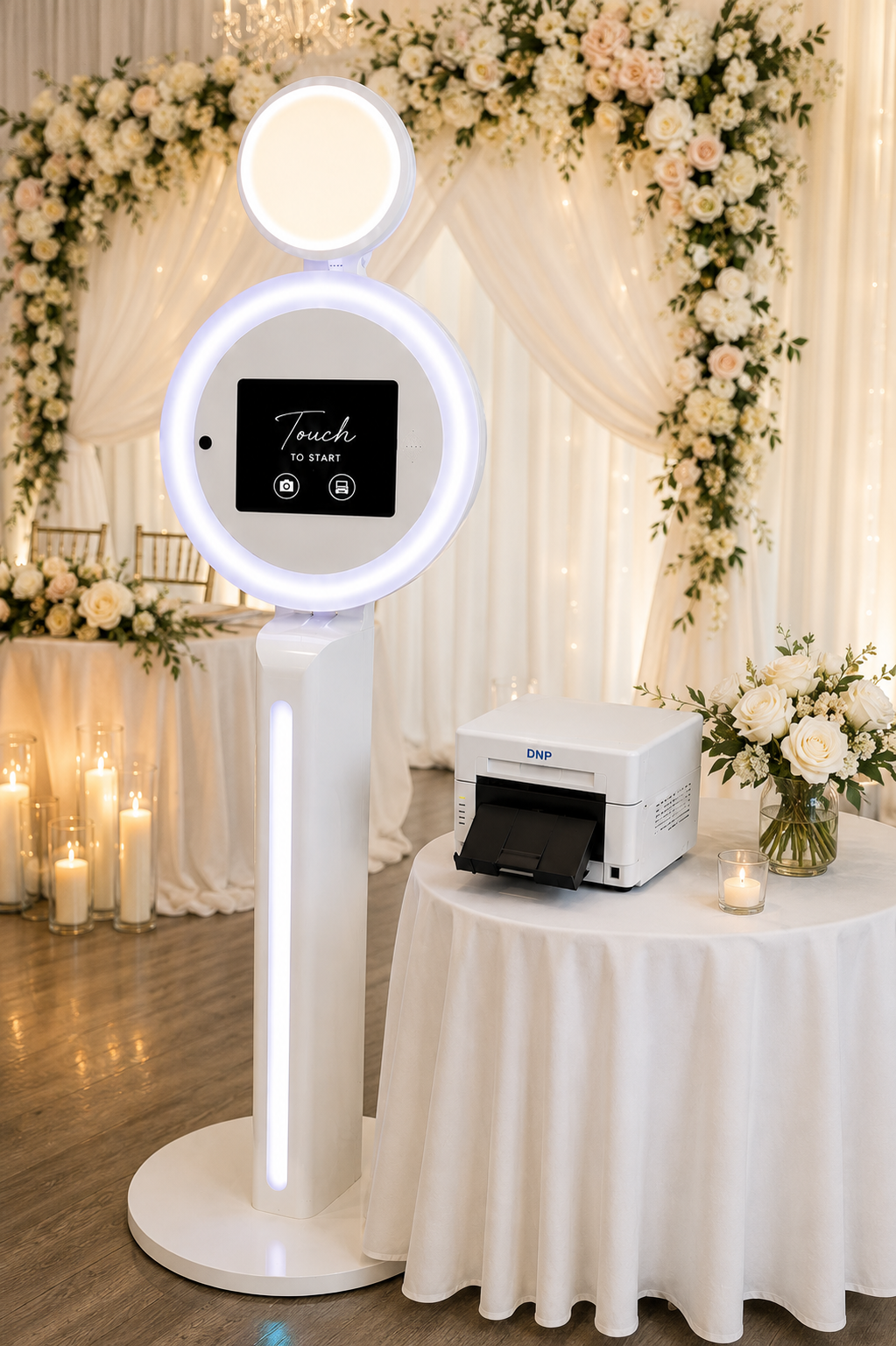 Wedding selfie booth rental San Diego with white flower wall backdrop — Showstopper package