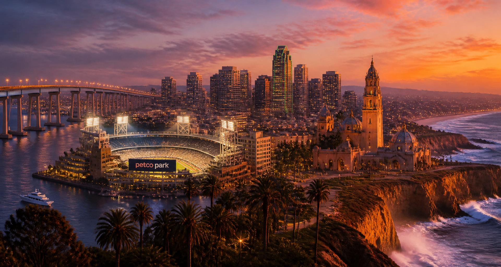 San Diego landmarks at sunset — Coronado Bridge, Petco Park, downtown skyline, Balboa Park and Sunset Cliffs