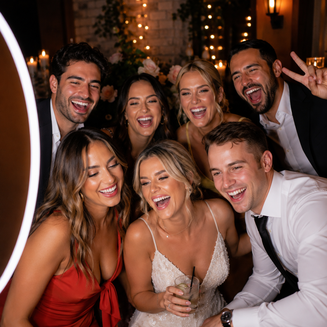 Wedding party laughing in front of a San Diego selfie booth