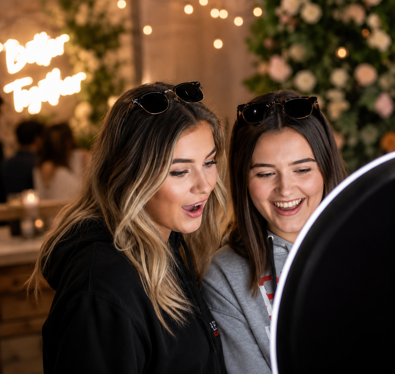 Two guests reviewing a photo on the selfie booth touchscreen
